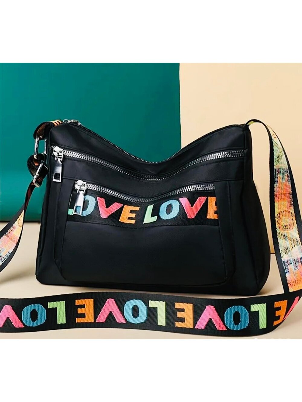 New - Trendy - Square Shaped Design Crossbody Bag with “LOVE” Embroidery - Black